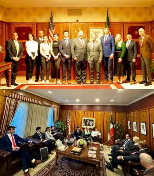 two photos collaged together. Top photo shows all GVSU model arab league members standing in a row, bottom photo shows same group sitting in a wood paneled stateroom with real delegates